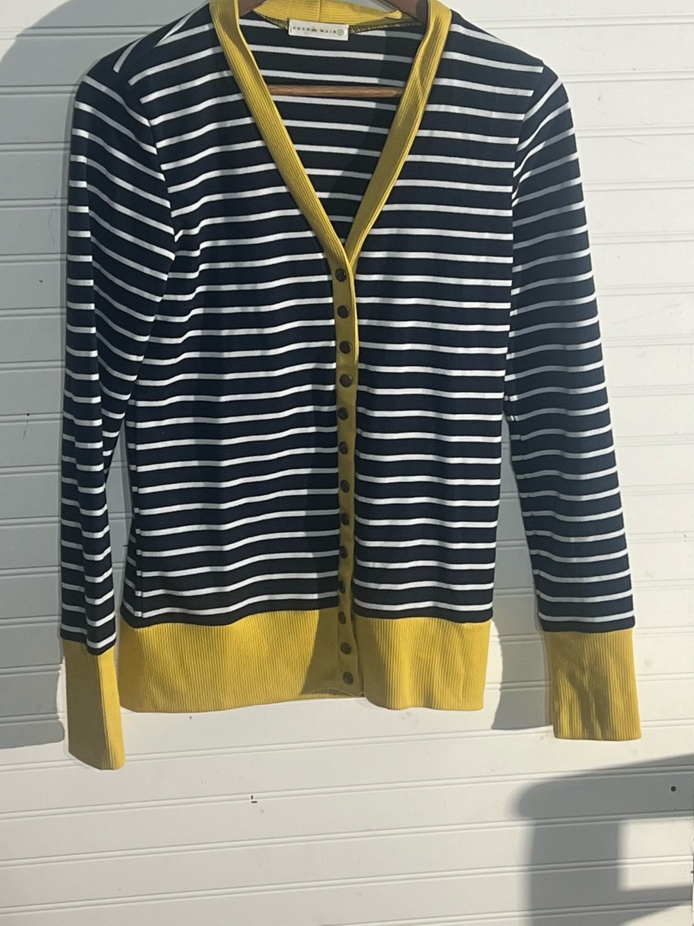 Coco & Main Navy Striped Button Front Cardigan Yellow Contrasting Collar/Cuffs